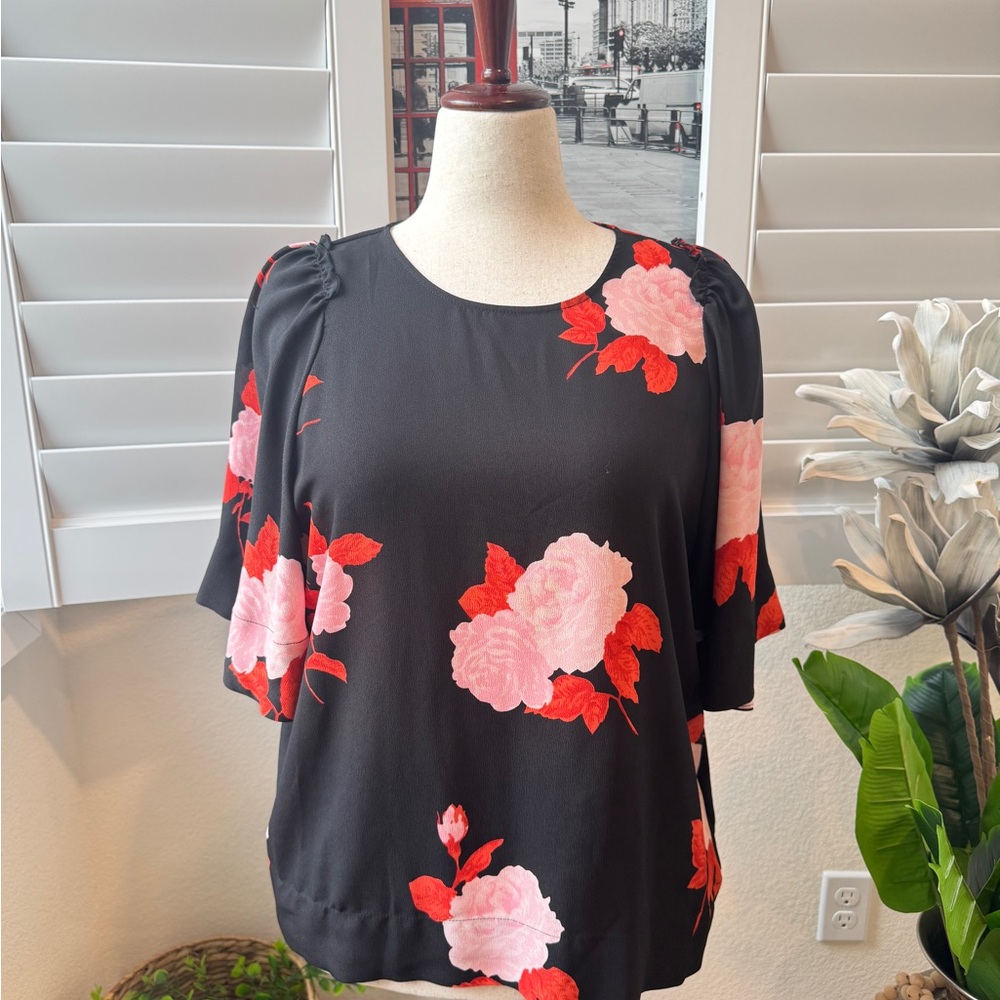 Who What Wear Black Blouse with Pink and Red Floral Pattern